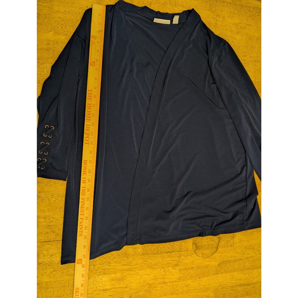 Susan Graver Navy Liquid Knit Cardigan with Sleeve Accents Nautical Spring - Picture 6 of 9